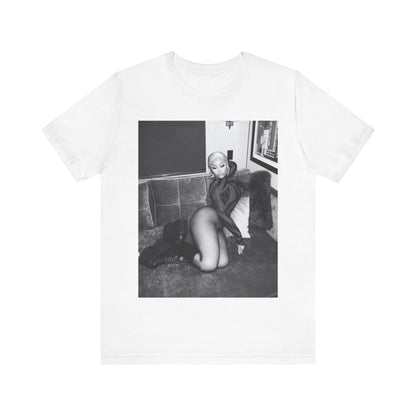 A black graphic t-shirt featuring a fierce black and white glamour graphic of Nicki Minaj.