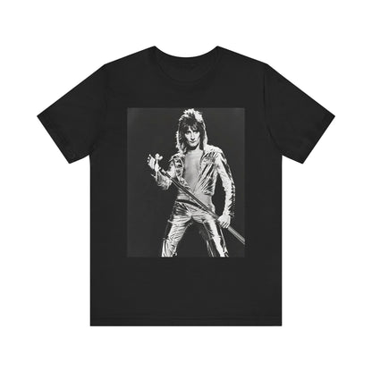 A black graphic t-shirt featuring a 70s black and white monochrome graphic or photo of Rod Stewart.