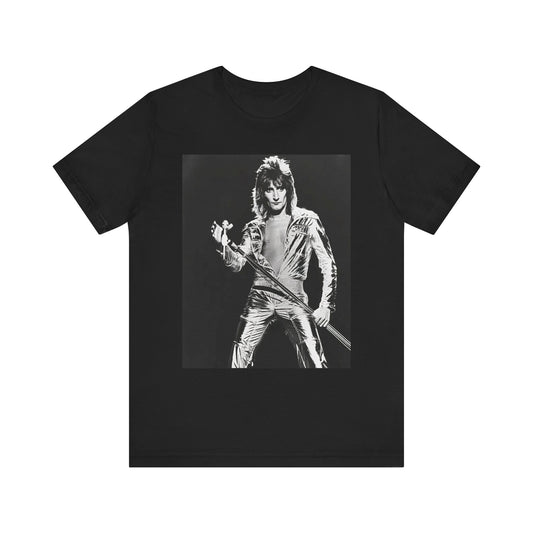 A black graphic t-shirt featuring a 70s black and white monochrome graphic or photo of Rod Stewart.