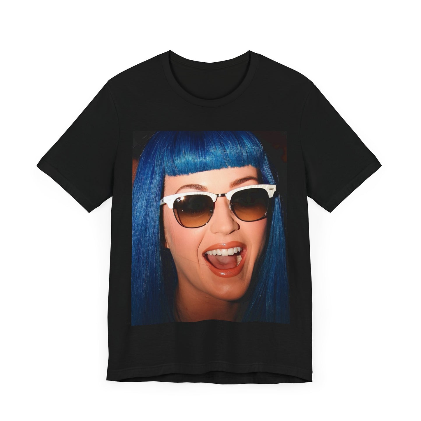 A black graphic t-shirt featuring a retro graphic of Katy Perry with blue hair.