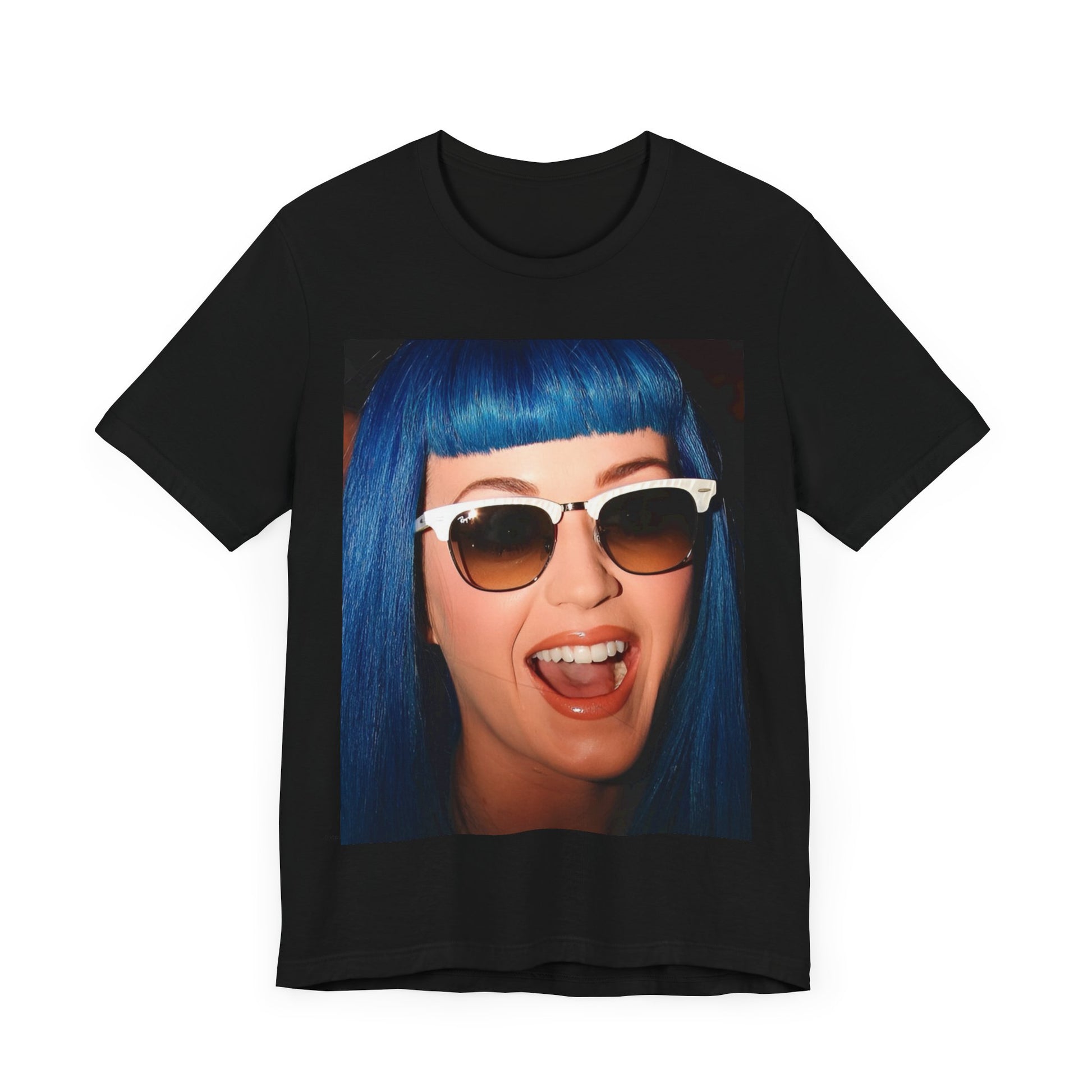 A black graphic t-shirt featuring a retro graphic of Katy Perry with blue hair.