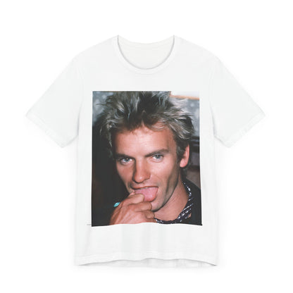 A black graphic t-shirt featuring an 80s new wave aesthetic graphic of Sting.