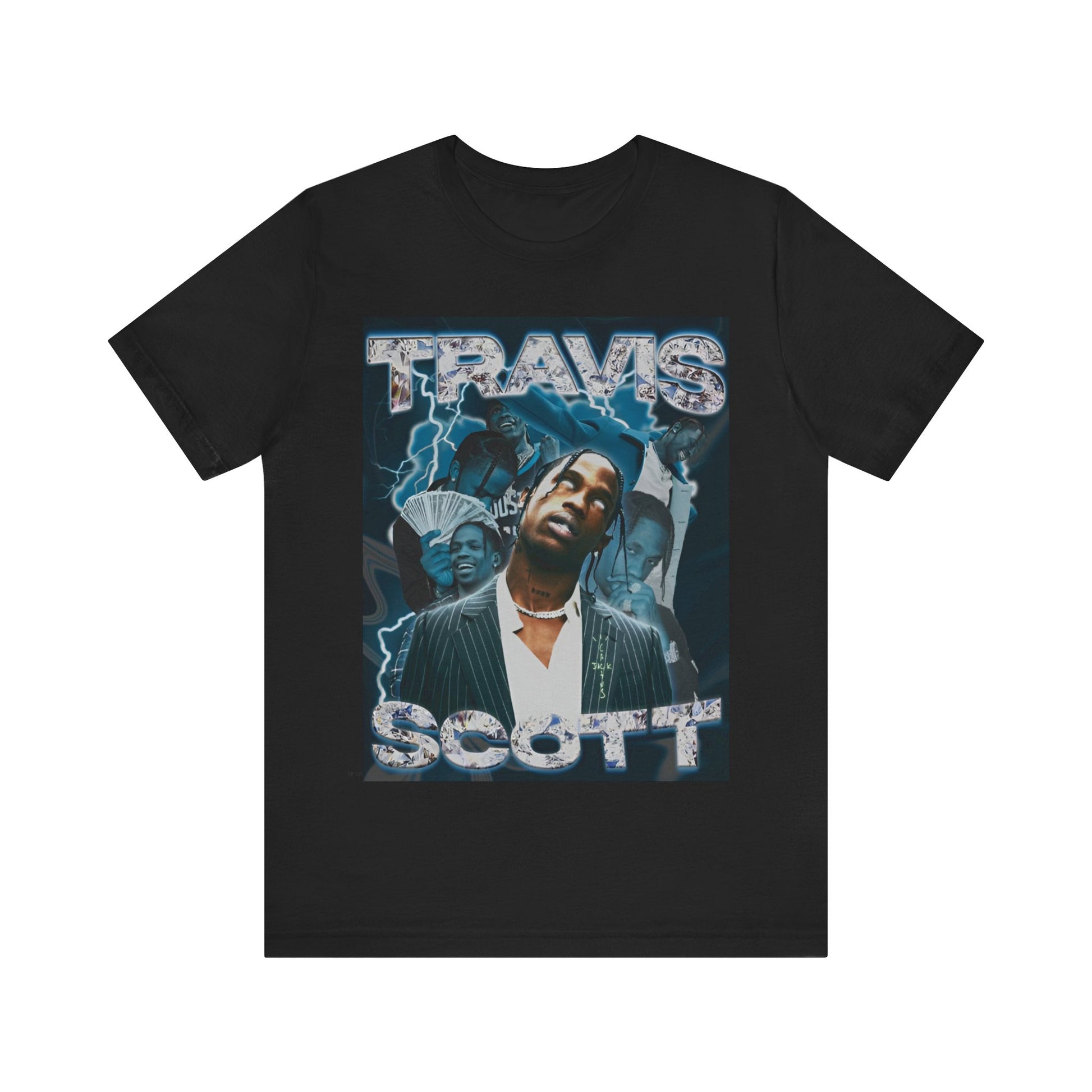 A black graphic t-shirt featuring a 90s bootleg style graphic of Travis Scott.