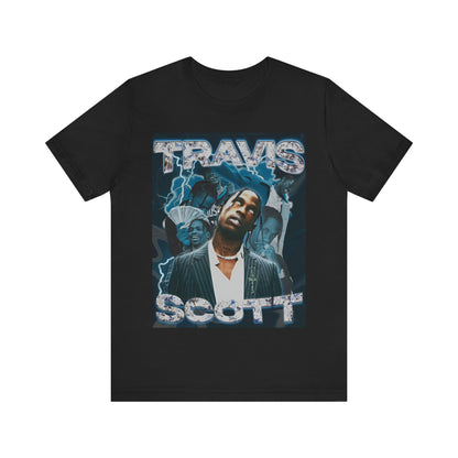 A black graphic t-shirt featuring a 90s bootleg style graphic of Travis Scott.