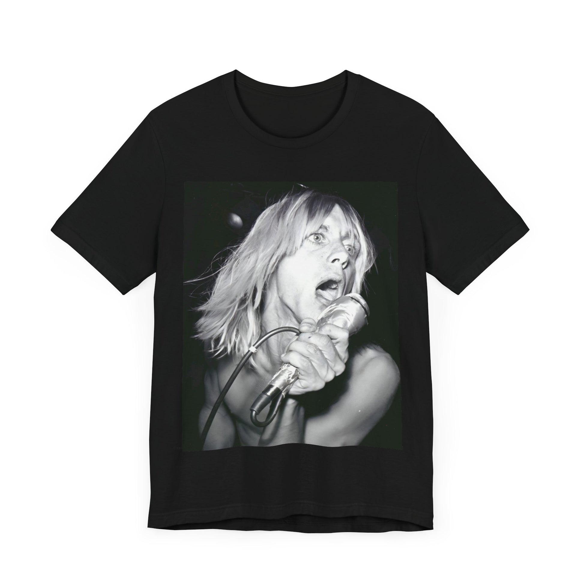 A black graphic t-shirt featuring a graphic of Iggy Pop as the Godfather of Punk, performing live.
