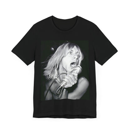 A black graphic t-shirt featuring a graphic of Iggy Pop as the Godfather of Punk, performing live.