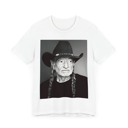A black graphic t-shirt featuring a graphic of Willie Nelson with his iconic guitar 'Trigger'.