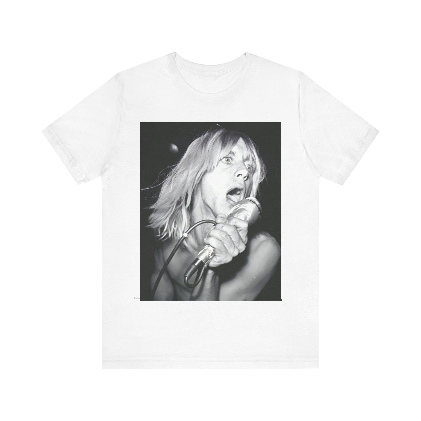 A black graphic t-shirt featuring a graphic of Iggy Pop as the Godfather of Punk, performing live.