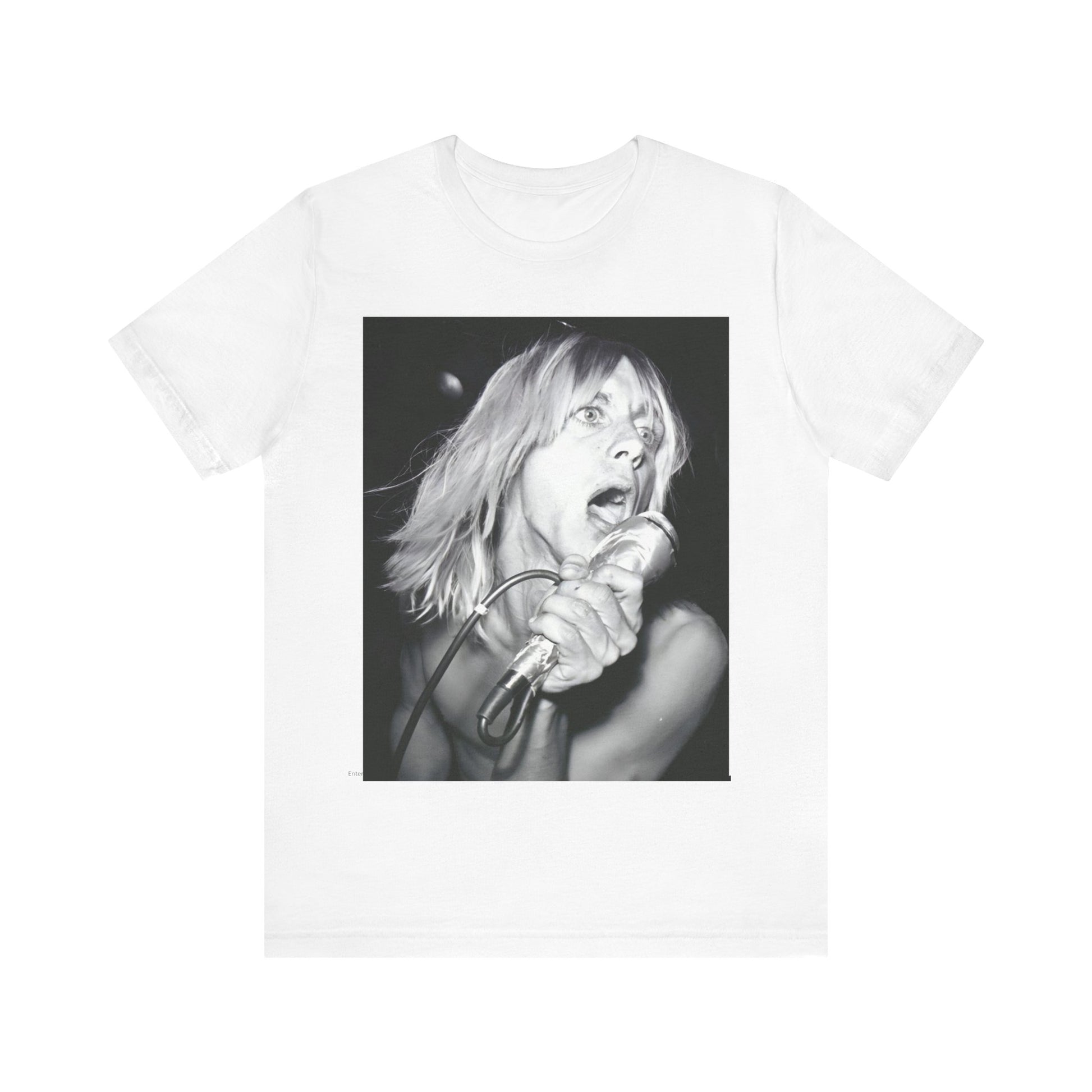 A black graphic t-shirt featuring a graphic of Iggy Pop as the Godfather of Punk, performing live.