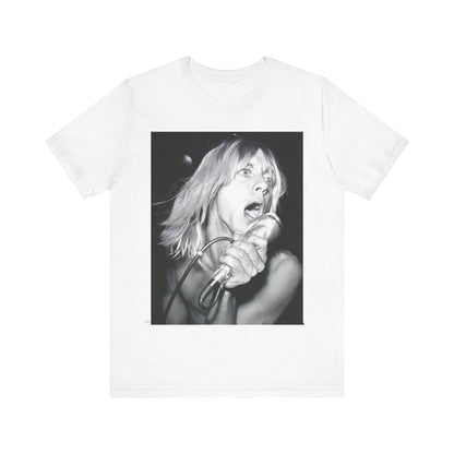 A black graphic t-shirt featuring a graphic of Iggy Pop as the Godfather of Punk, performing live.