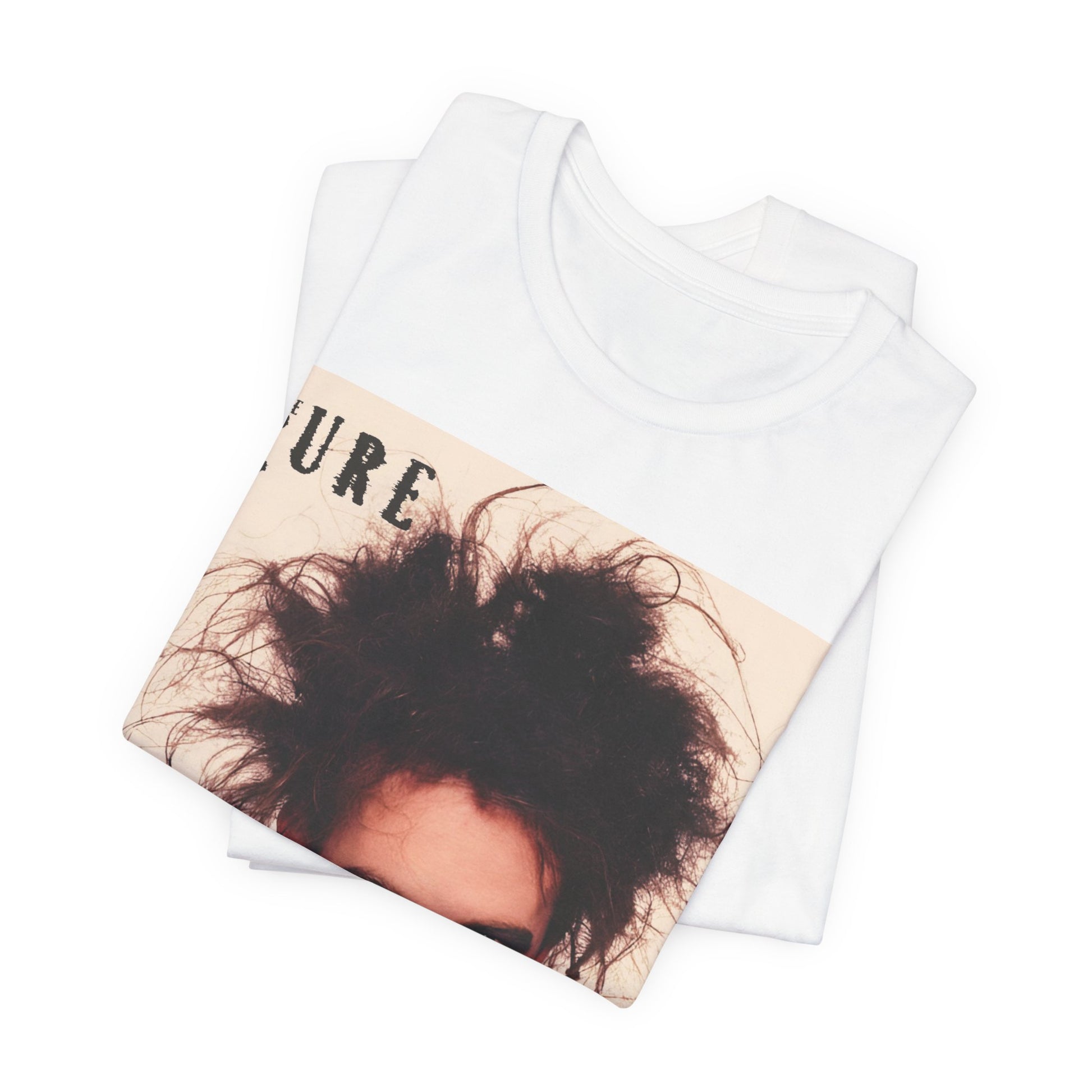 A black graphic t-shirt featuring a photo portrait of Robert Smith from The Cure.