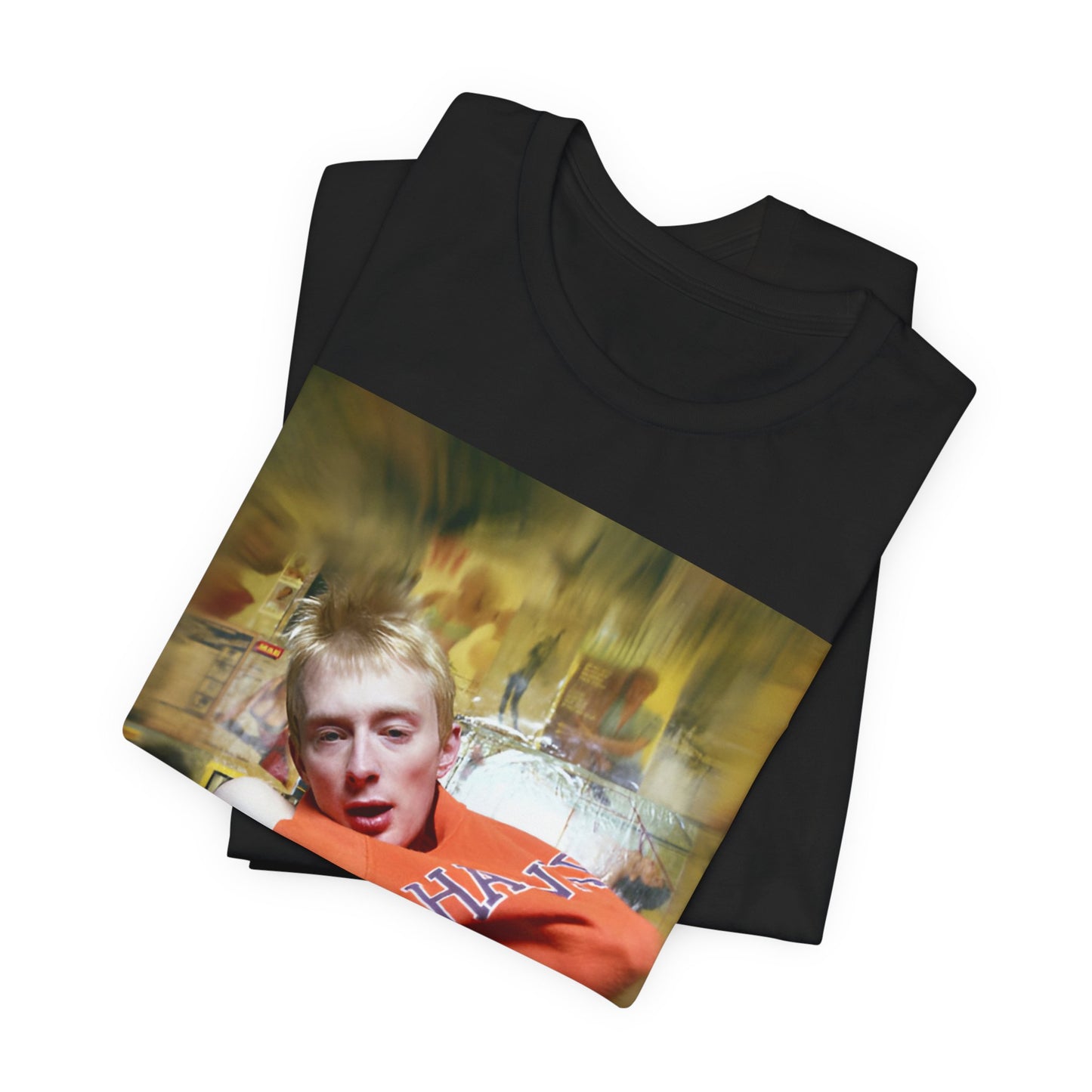 A black graphic t-shirt featuring a rock aesthetic graphic of Radiohead.