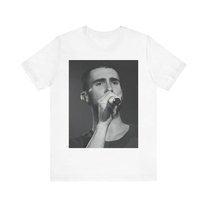 A rare, vintage black and white photo of a very young Maroon 5, from their early garage band days, printed on a t-shirt.