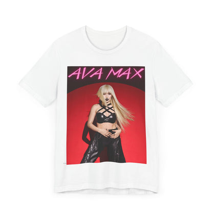 A black graphic t-shirt featuring a stylized graphic of Ava Max, emphasizing her status as a pop icon.