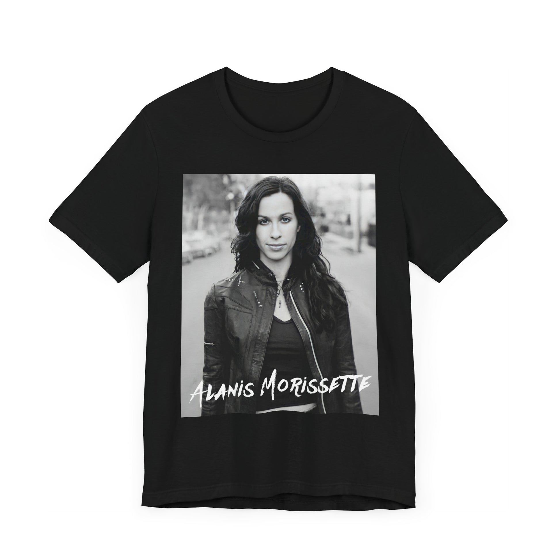 A black graphic t-shirt featuring a black and white photo of Alanis Morissette from 1998, showing her with a poised or thoughtful expression.