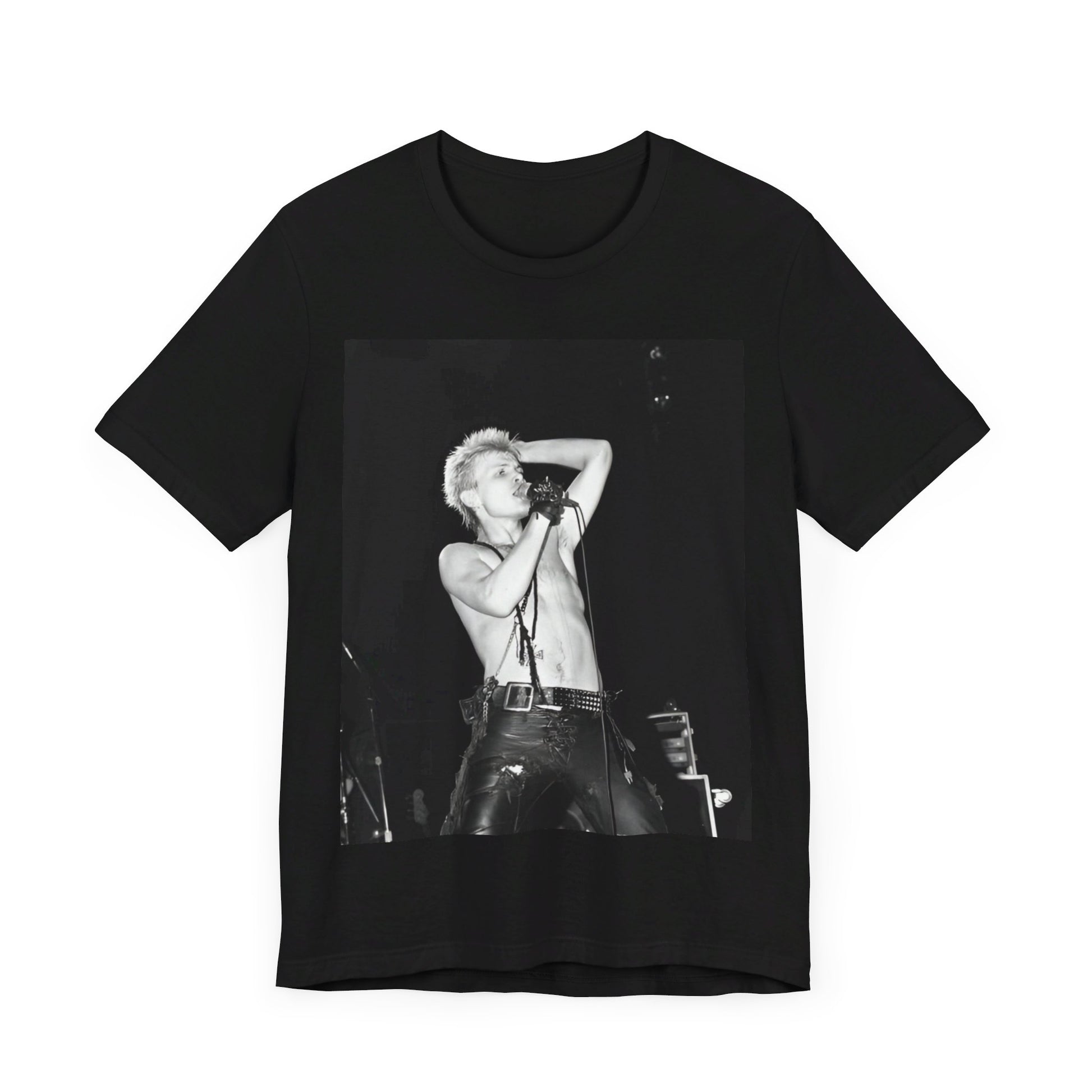 A black graphic t-shirt featuring a graphic related to Billy Idol's 'White Wedding' era, with a distinctive aesthetic.