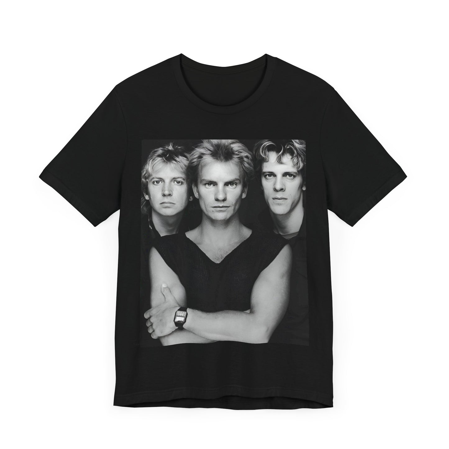 A black graphic t-shirt featuring a graphic related to The Police's 'Every Breath You Take' song or era.