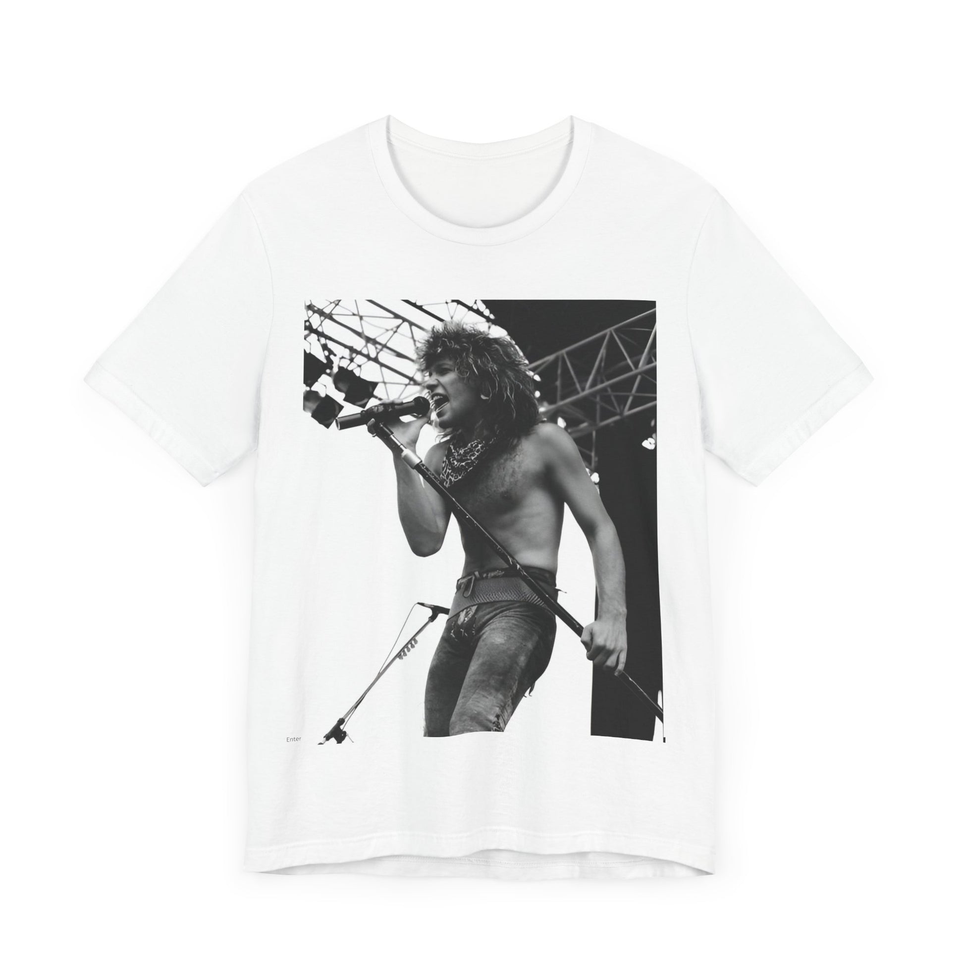 A black graphic t-shirt featuring a retro tour graphic for Bon Jovi's '88 tour.