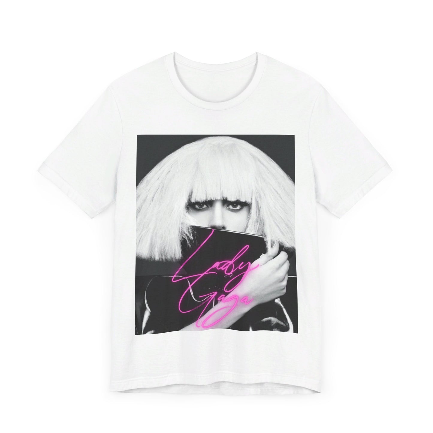 A black graphic t-shirt featuring a graphic related to Lady Gaga's 'Chromatica' album era.