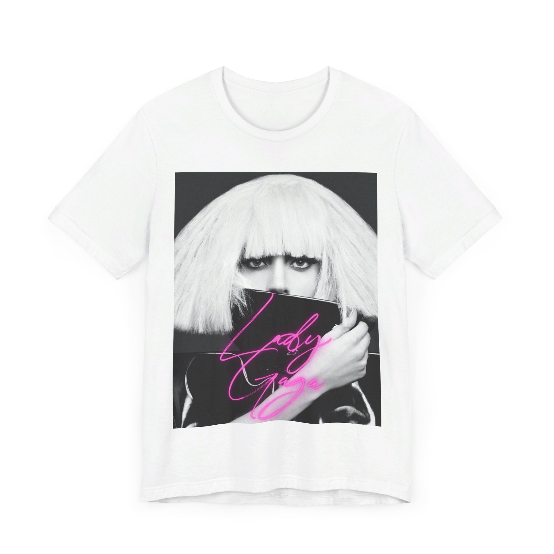 A black graphic t-shirt featuring a graphic related to Lady Gaga's 'Chromatica' album era.