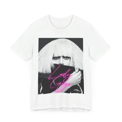 A black graphic t-shirt featuring a graphic related to Lady Gaga's 'Chromatica' album era.