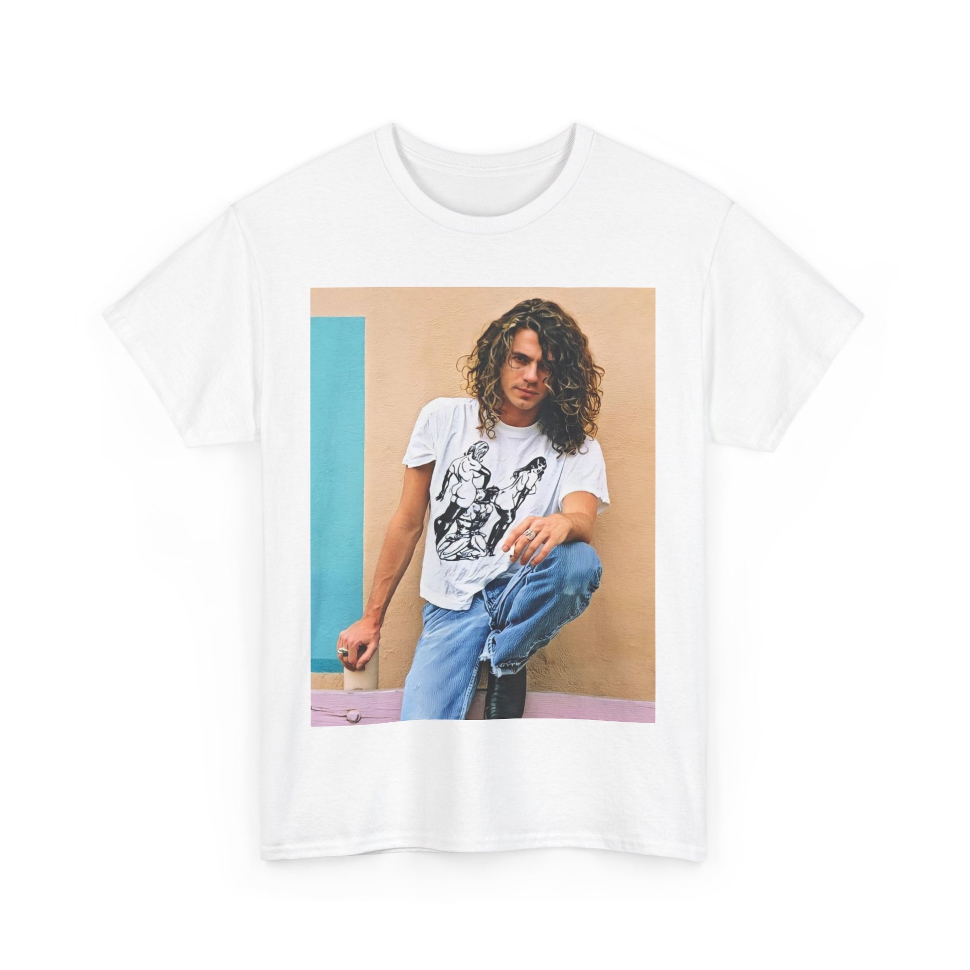 A black graphic t-shirt featuring a 90s chill retro rock graphic of INXS.