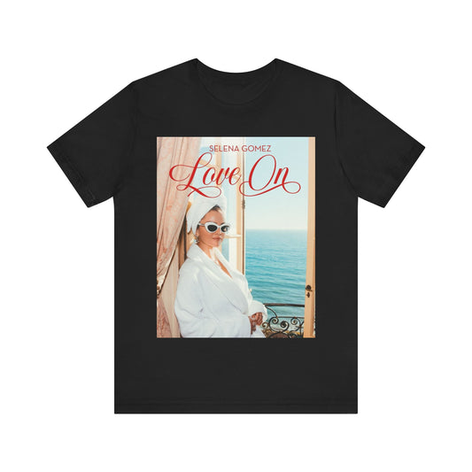 A black graphic t-shirt featuring a graphic related to Selena Gomez's 'Love On' song.