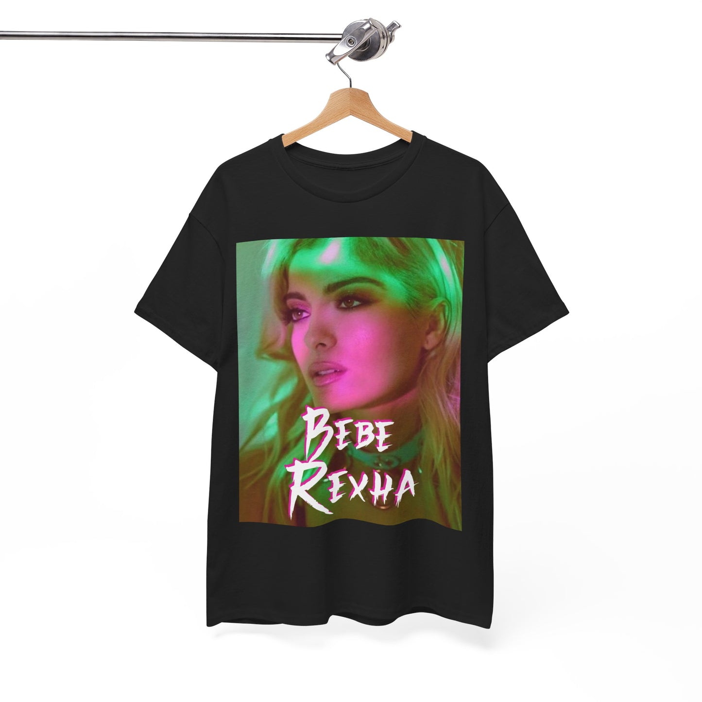 A black graphic t-shirt featuring a photo of Bebe Rexha, with neon lighting or elements, giving a chill vibe.