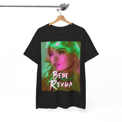 A black graphic t-shirt featuring a photo of Bebe Rexha, with neon lighting or elements, giving a chill vibe.