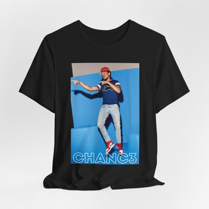 A black graphic t-shirt featuring a graphic of Chance the Rapper emphasizing his gospel rap style.
