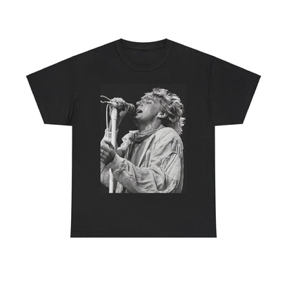 A black graphic t-shirt featuring an 80s black and white monochrome graphic or photo of Rod Stewart.
