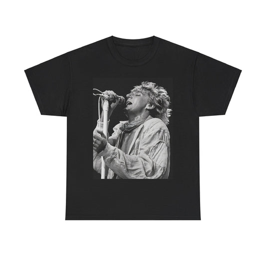 A black graphic t-shirt featuring an 80s black and white monochrome graphic or photo of Rod Stewart.