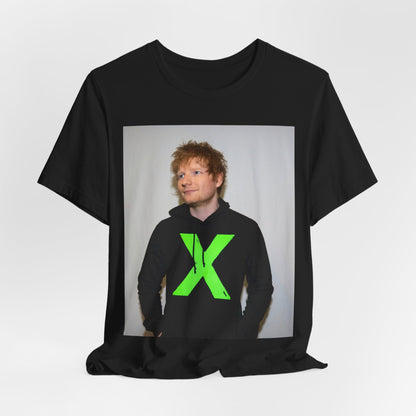 A black graphic t-shirt featuring an aesthetic graphic of Ed Sheeran related to his album 'X'.
