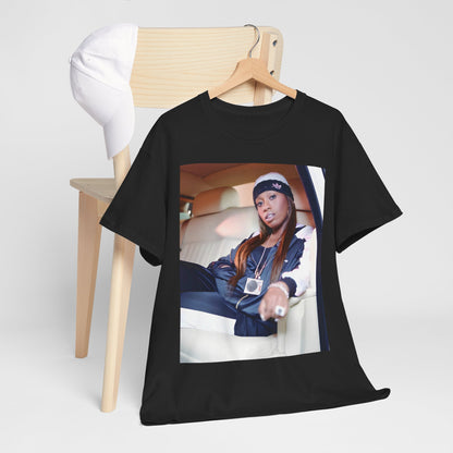 A black graphic t-shirt featuring a casual hip hop fan graphic of Missy Elliott.
