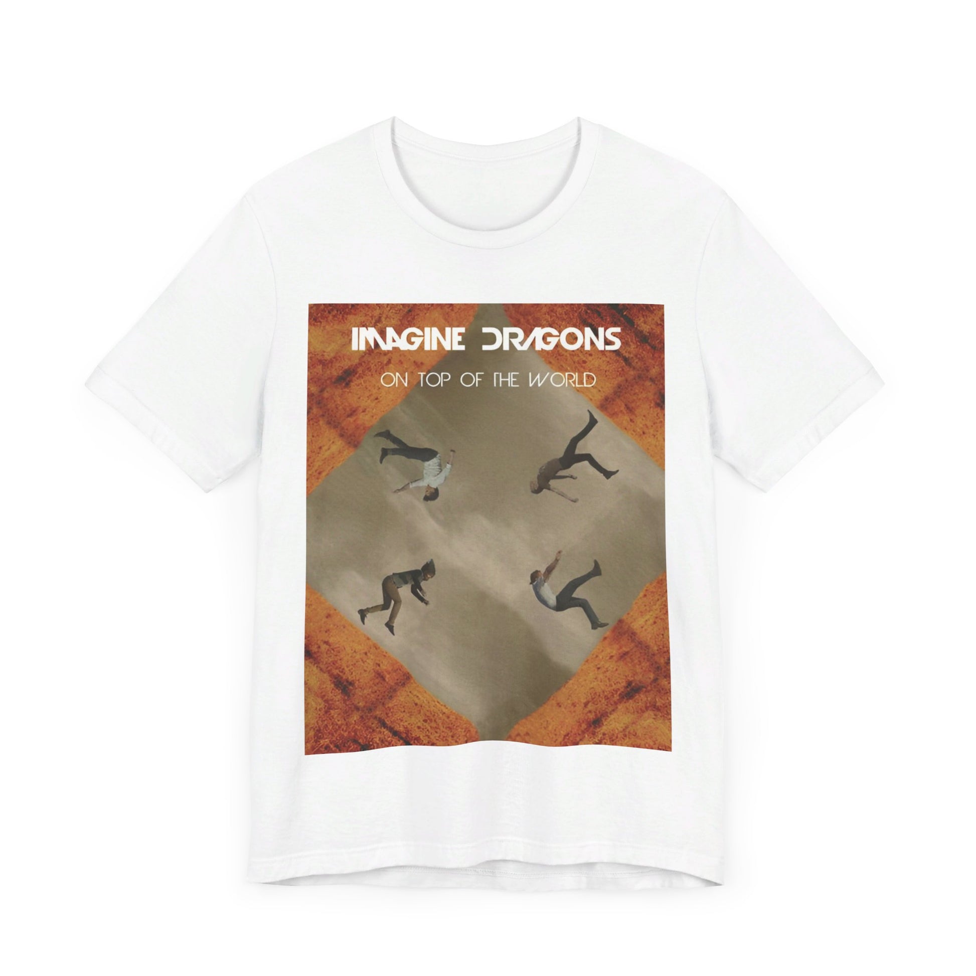 A black graphic t-shirt featuring a graphic related to Imagine Dragons' 'On Top of The World' song.