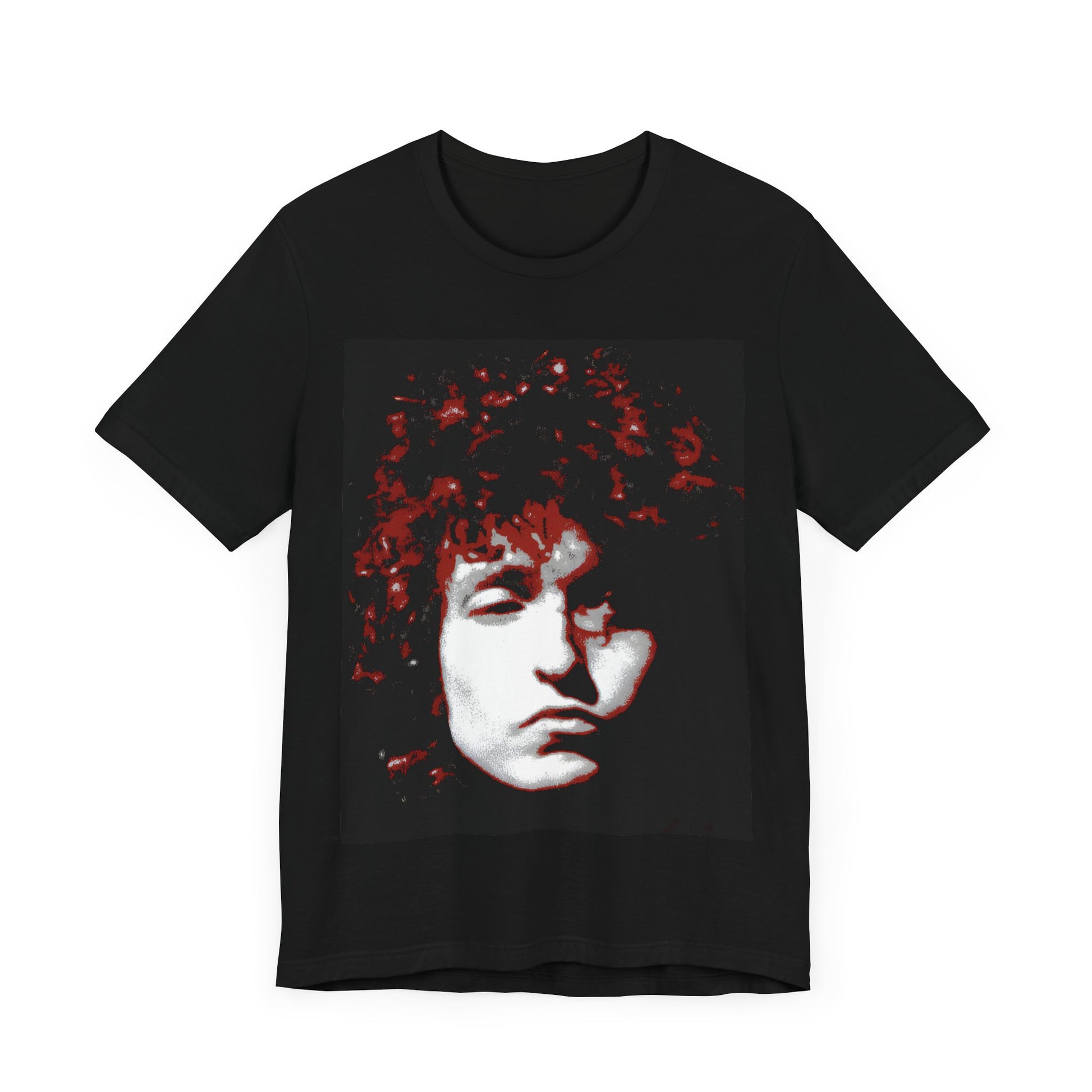 A black graphic t-shirt featuring a graphic related to Bob Dylan's 'Blood on the Tracks' album era, possibly with album art elements.