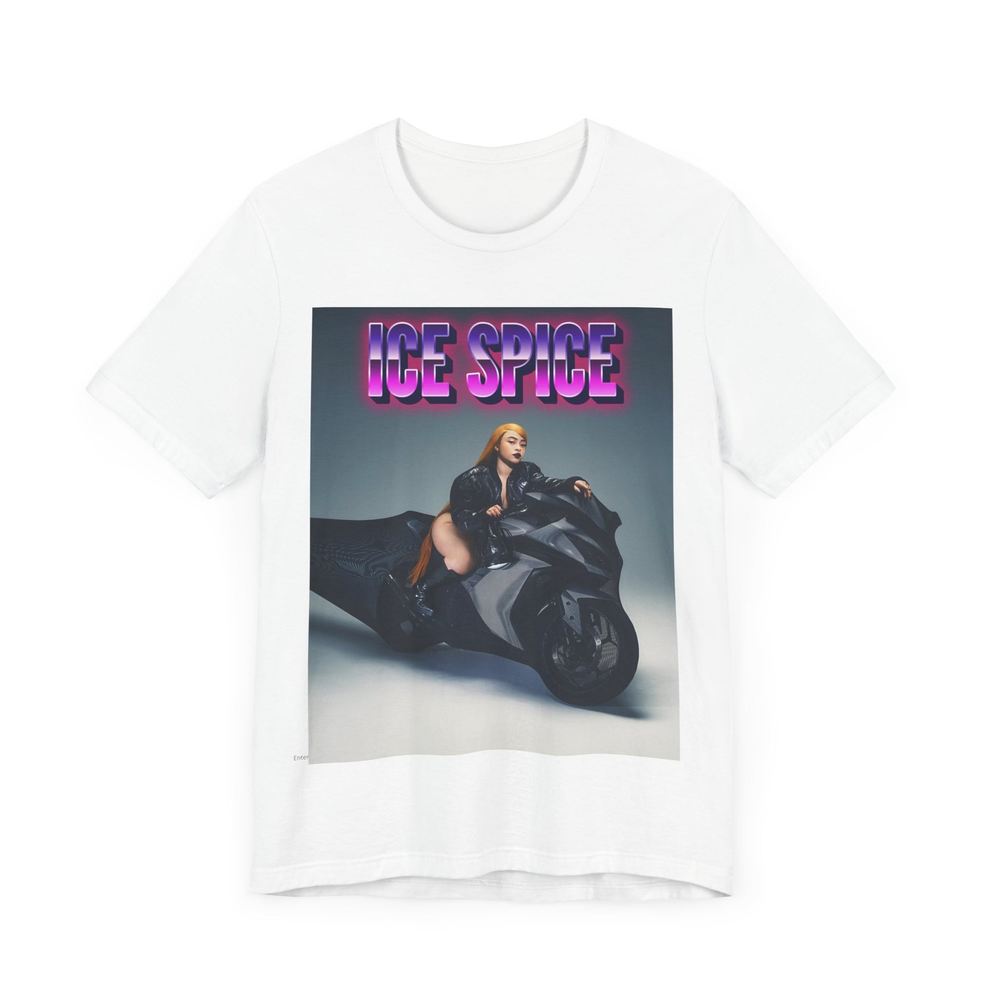 A black graphic t-shirt featuring a graphic of Ice Spice related to motorcycles or a rebellious, cool style.