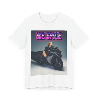 A black graphic t-shirt featuring a graphic of Ice Spice related to motorcycles or a rebellious, cool style.