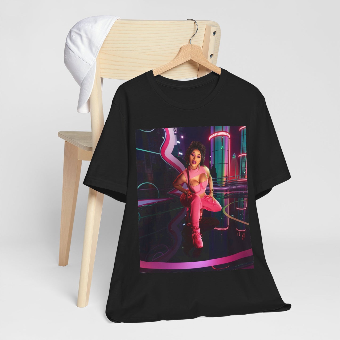 A black graphic t-shirt featuring a graphic related to Cardi B's "WAP" song or era.