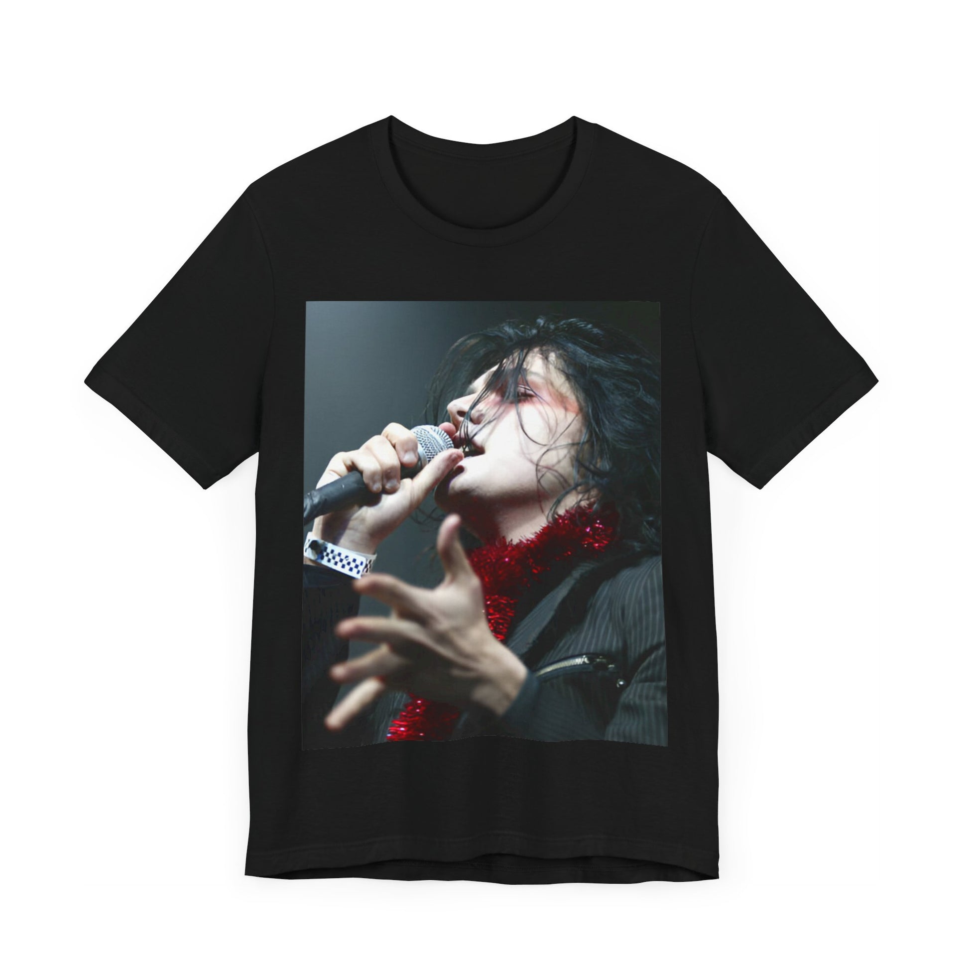 A black graphic t-shirt featuring an emo graphic of Gerard Way from My Chemical Romance.