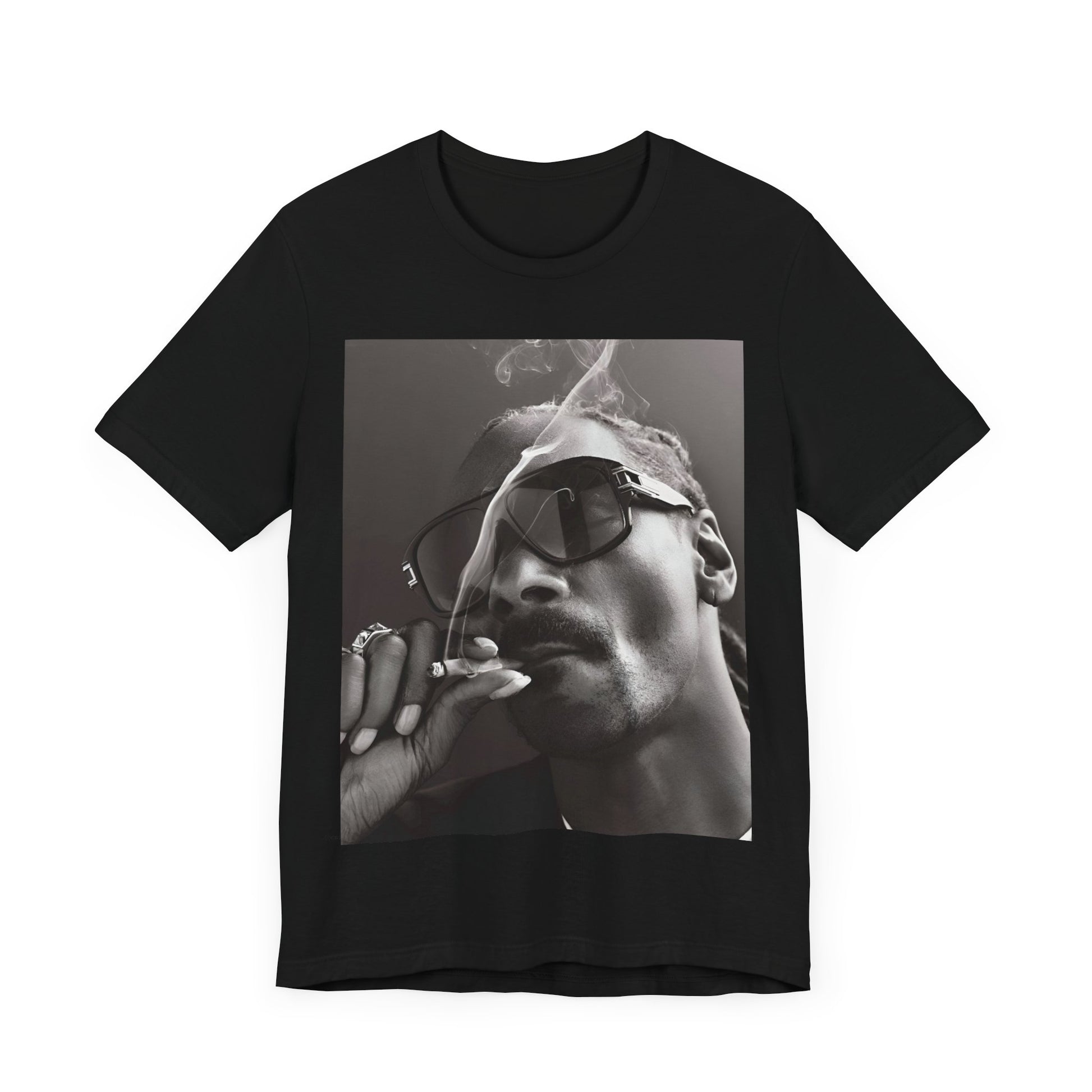 A black graphic t-shirt featuring an iconic black and white shaded portrait graphic of Snoop Dogg.
