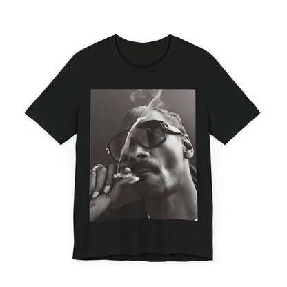 A black graphic t-shirt featuring an iconic black and white shaded portrait graphic of Snoop Dogg.