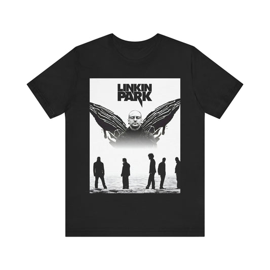 A black graphic t-shirt featuring a tribute graphic for Chester Bennington of Linkin Park.