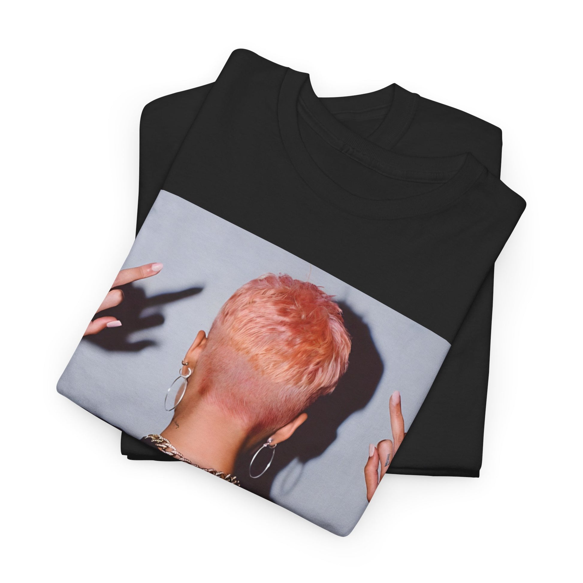 A black graphic t-shirt featuring a graphic of Halsey with text or imagery conveying "Fuck You."