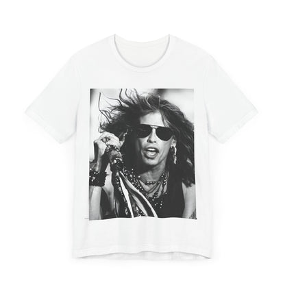 A black graphic t-shirt featuring a black and white photo of Aerosmith's Steven Tyler with his signature scarf and microphone, captured during a dynamic performance.