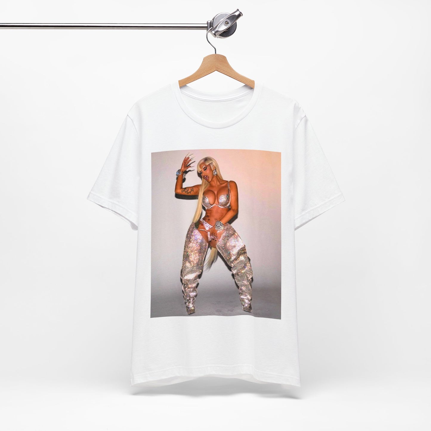 A black graphic t-shirt featuring a vintage graphic of Cardi B as a 'Bronx Queen' or rap icon.