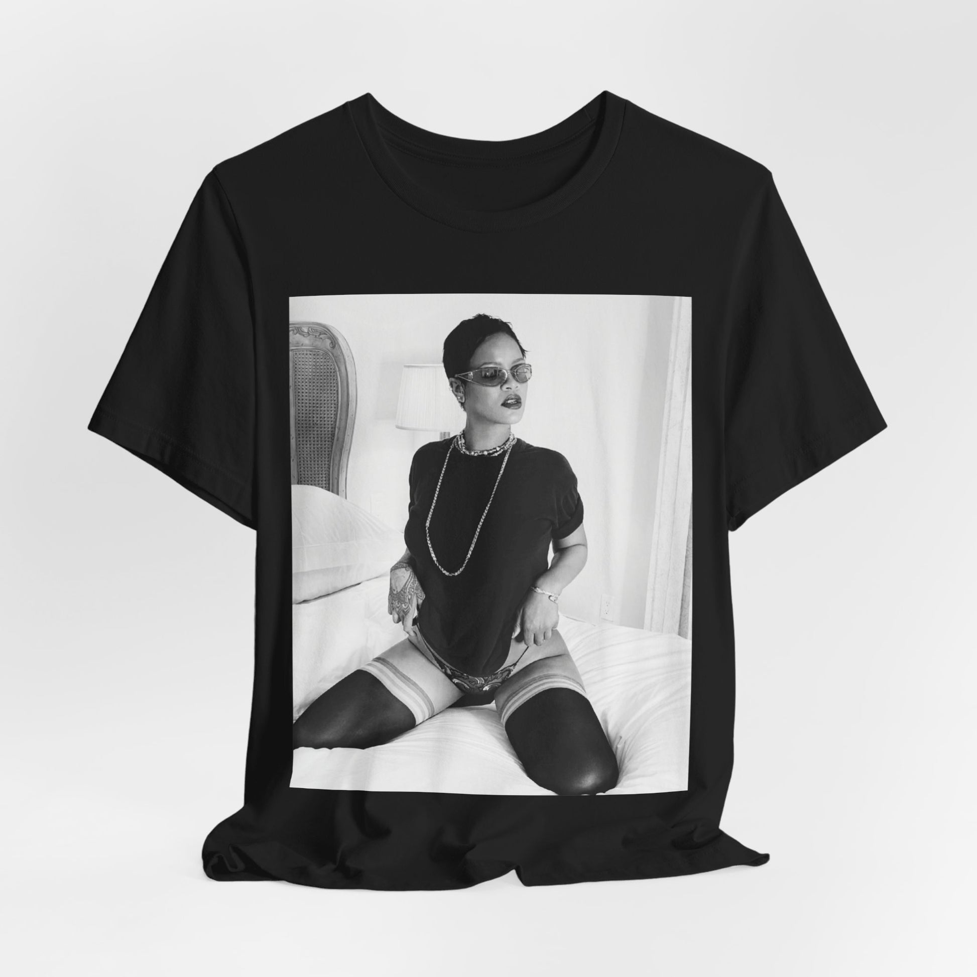 A black graphic t-shirt featuring a black and white graphic related to Rihanna's 'Diamonds' song or era.