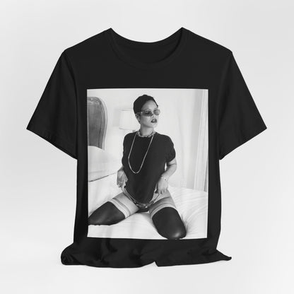 A black graphic t-shirt featuring a black and white graphic related to Rihanna's 'Diamonds' song or era.