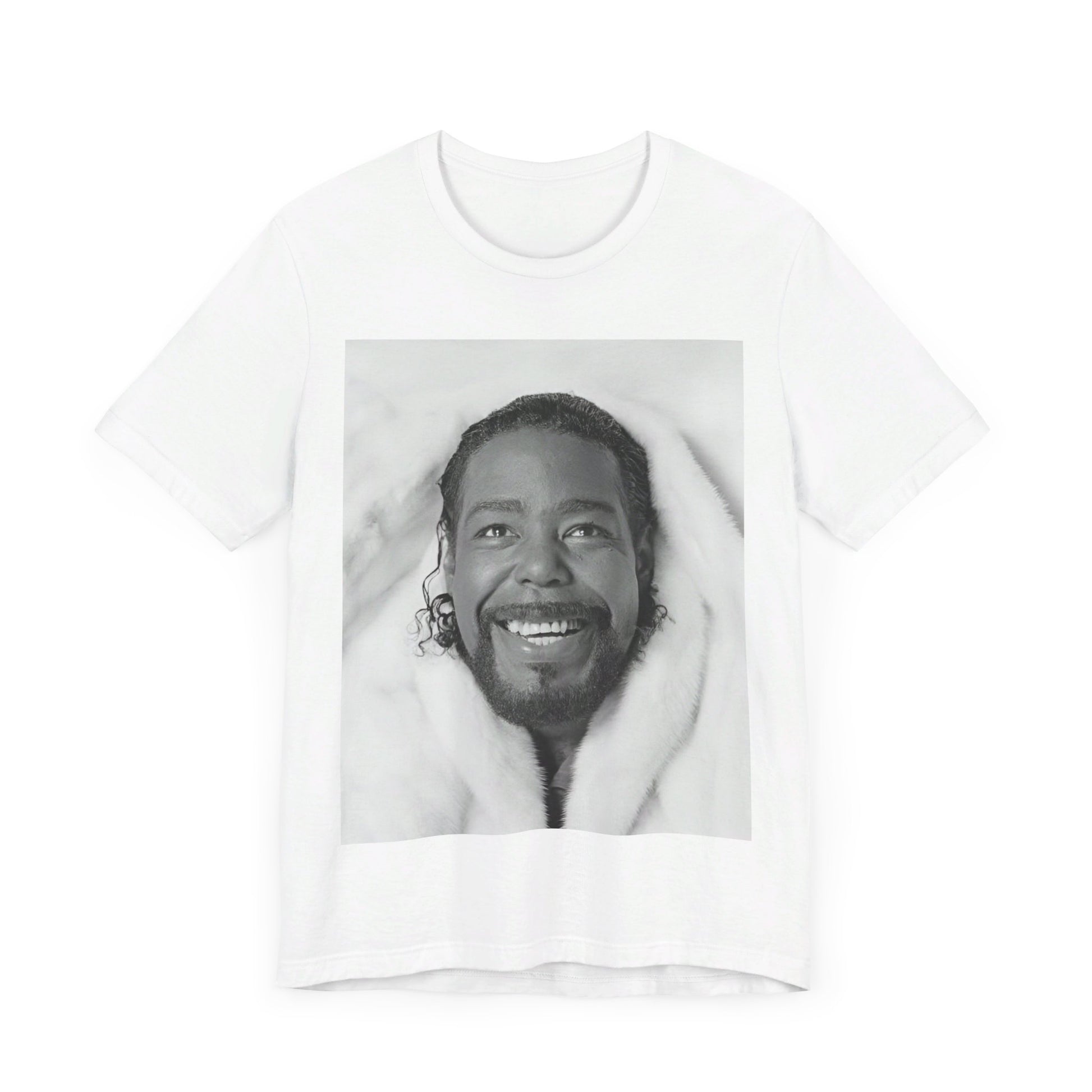 A black graphic t-shirt featuring a retro 70s-style graphic of Barry White as a soul icon.