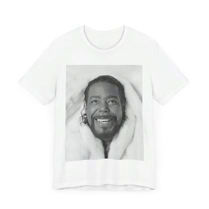 A black graphic t-shirt featuring a retro 70s-style graphic of Barry White as a soul icon.
